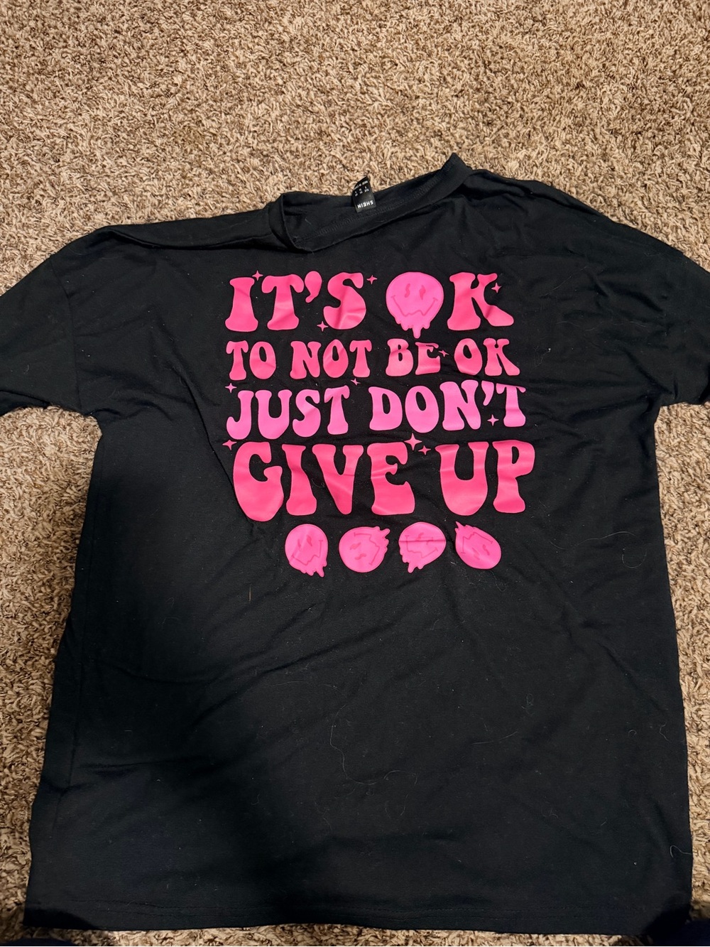 SHEIN Black Short Sleeve Tee with Bright Pink Motivational Print